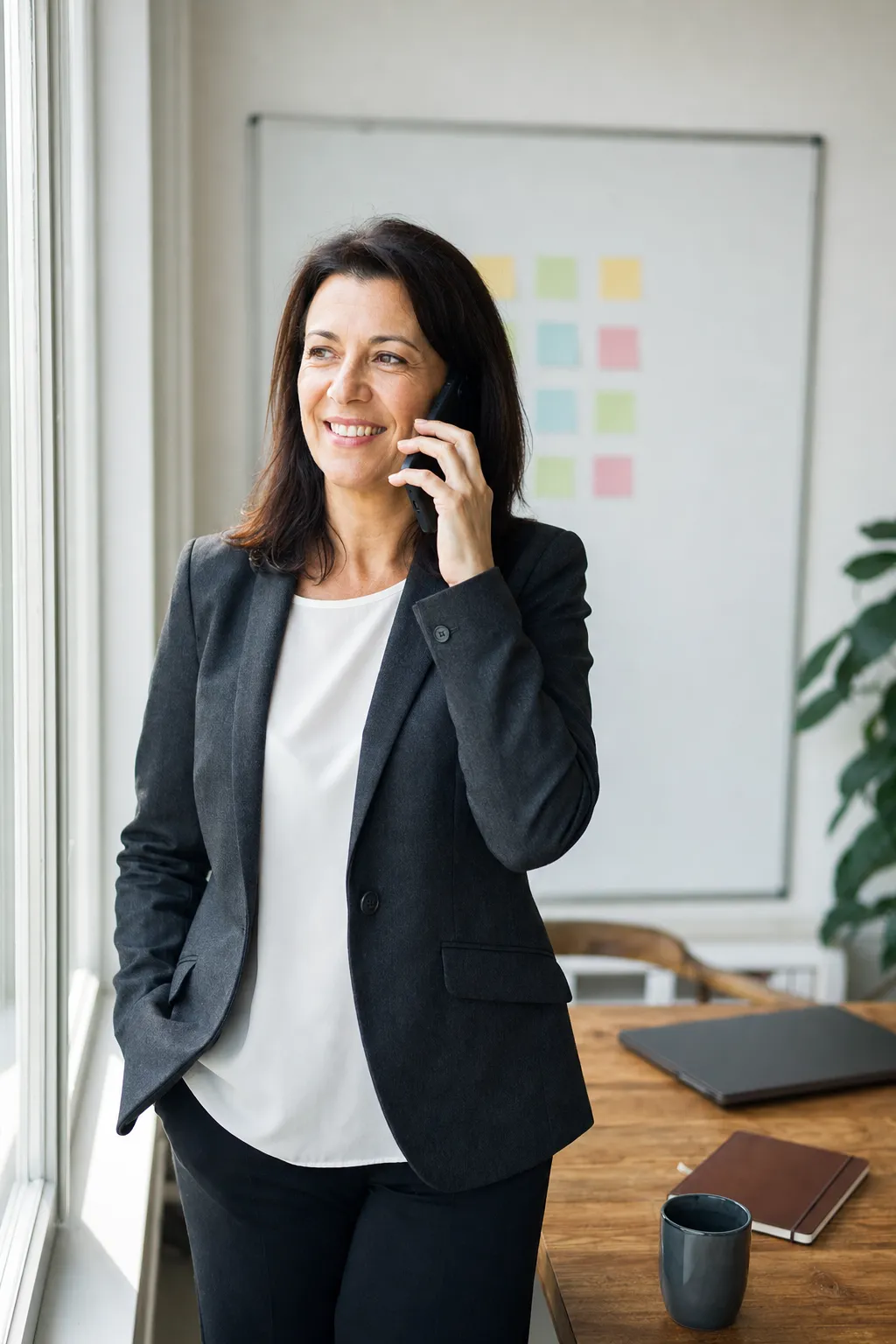 A business consultant on a phone call beside the window of a bright consulting office with a whiteboard of sticky notes