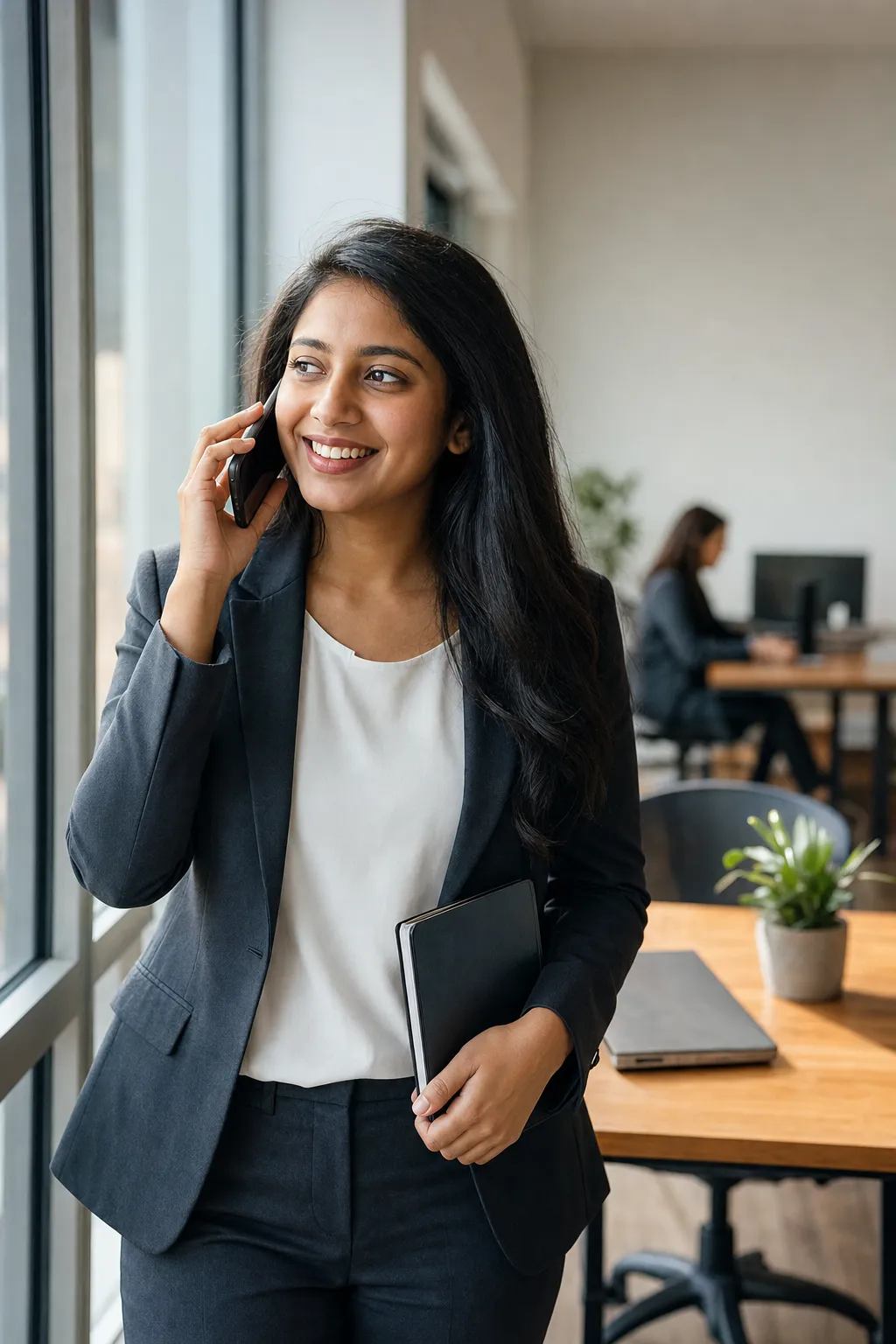 A staffing account manager smiling on a phone call by the office window, a notebook under her arm