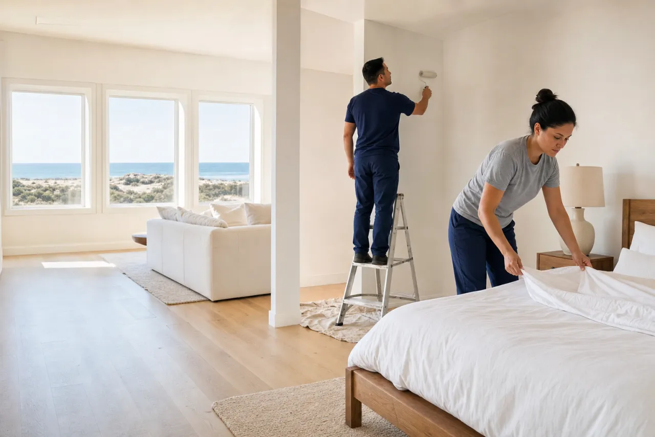 A two-person crew refreshing a bright coastal vacation home between seasons