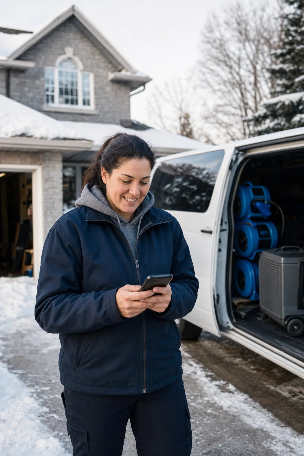 A restoration company owner checking the day's jobs on a phone in a snowy driveway, a work van loaded with air movers and a dehumidifier behind her