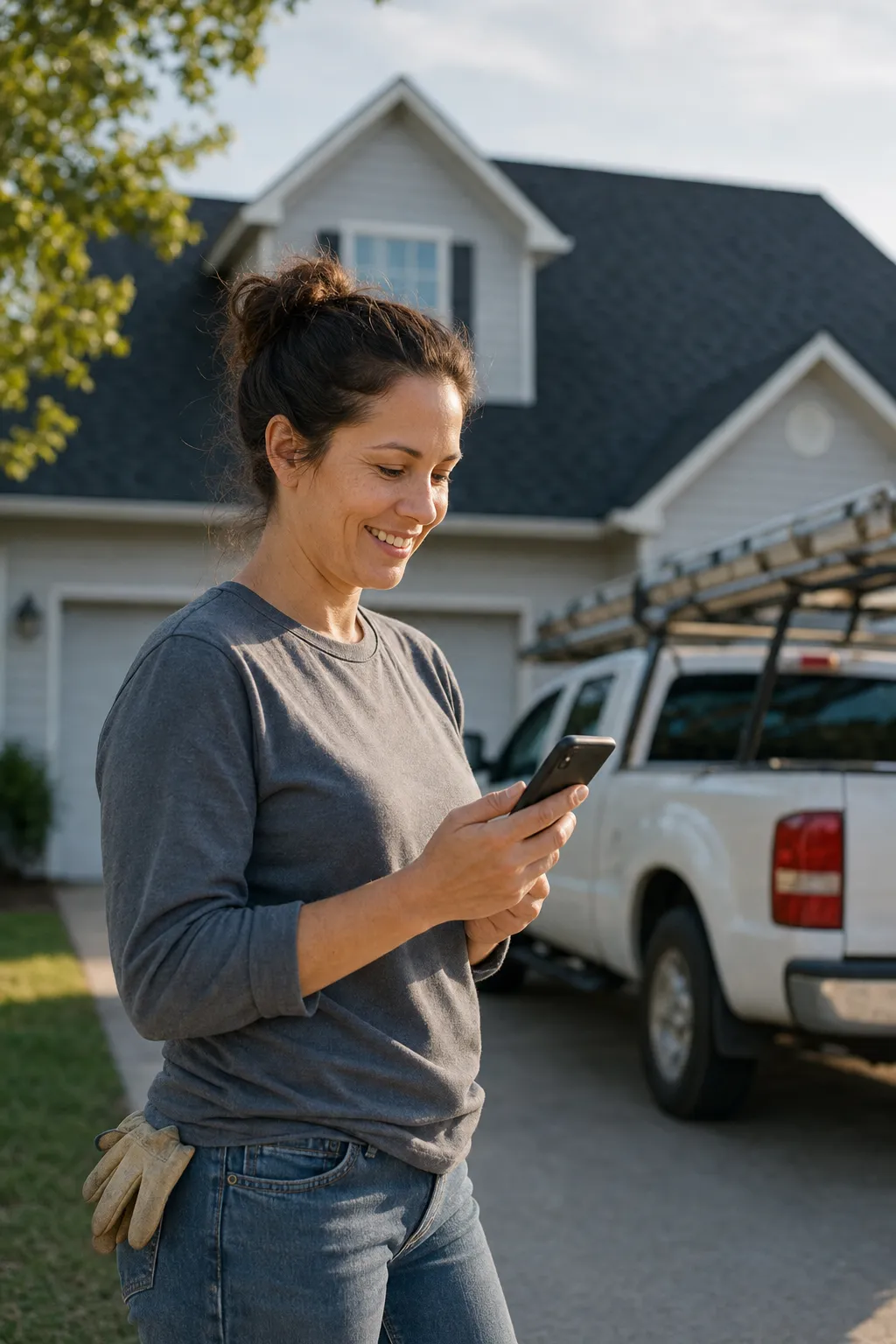 A roofing company owner checking the day's jobs on her phone beside a pickup with a ladder rack, a house with a new shingle roof behind