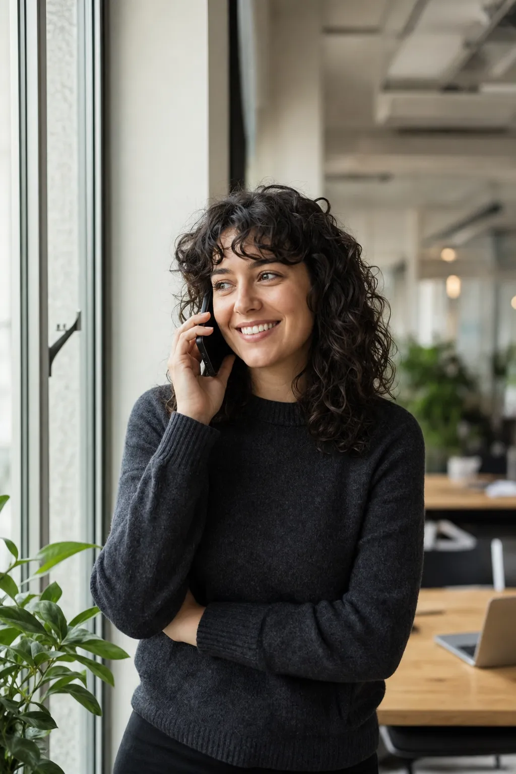 An account executive on a sales call by the window of a bright software office