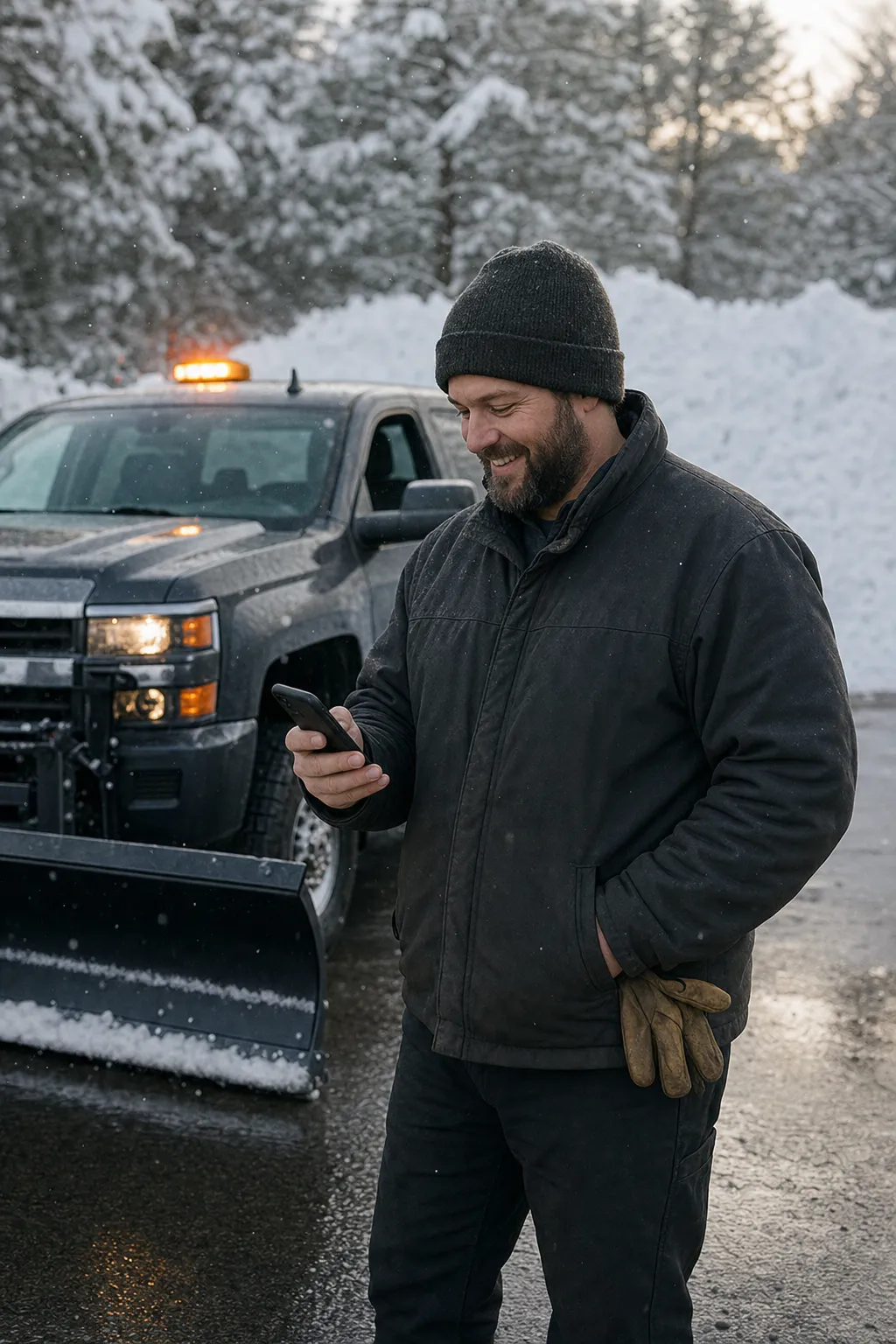 A snow removal company owner checking the day's jobs on a phone beside his plow truck in a freshly plowed lot