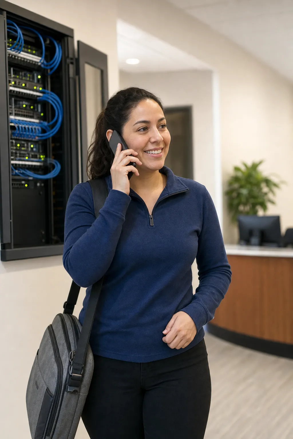 An IT technician on a phone call in a client's office