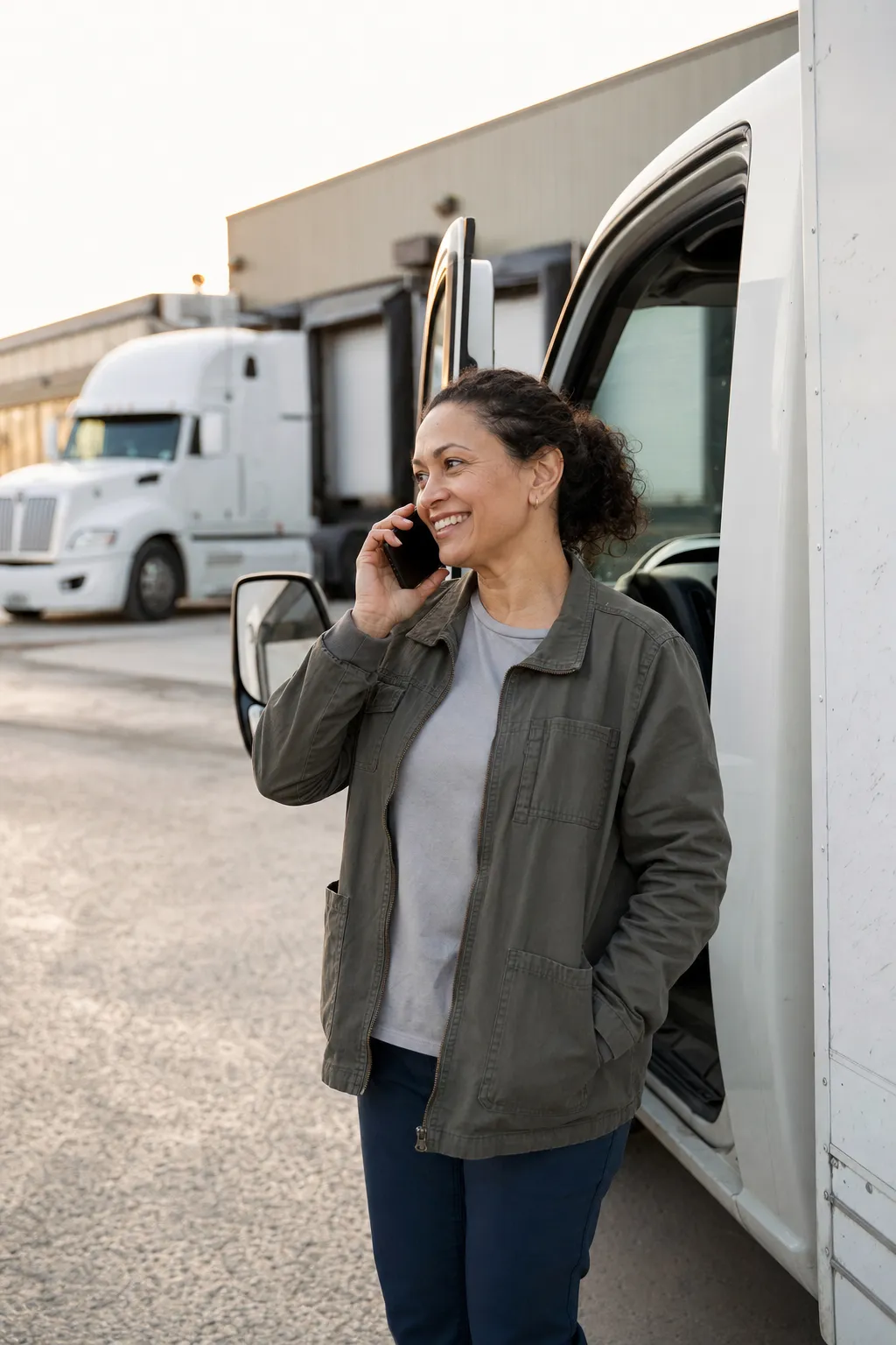 A trucking company owner on a phone call beside the open cab of a box truck in the freight yard, a semi tractor and loading docks behind