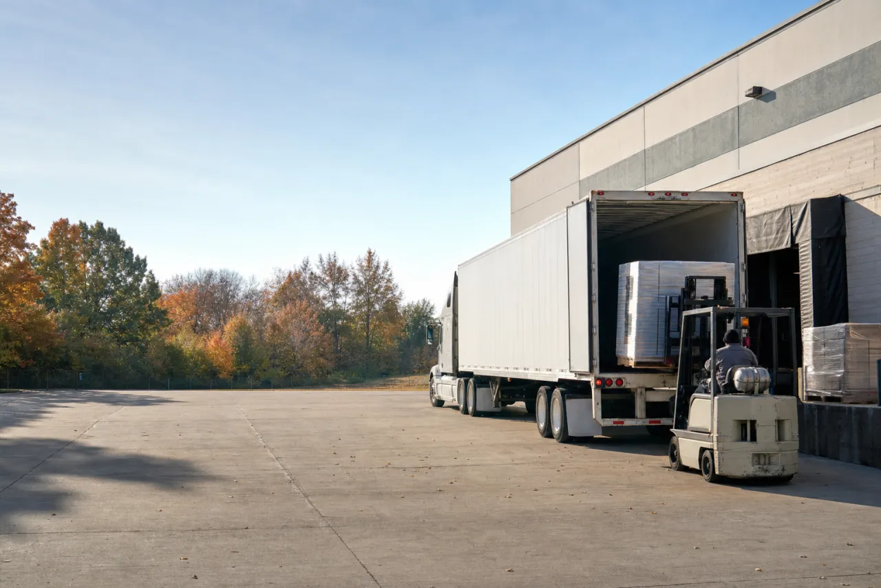 A forklift loading a pallet into a semi trailer at a warehouse dock