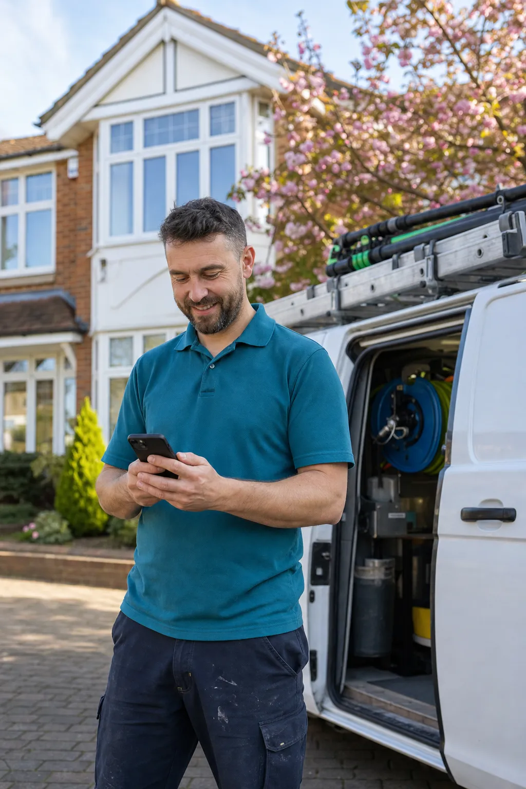 A window cleaning company owner checking the day's route on a phone beside the work van, ladders and water-fed poles on the roof rack, a two-story house behind